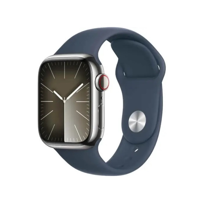 שעון חכם Apple Watch Series 9 GPS + Cellular 45mm Silver Stainless Steel Case with Storm Blue Sport Band - S/M