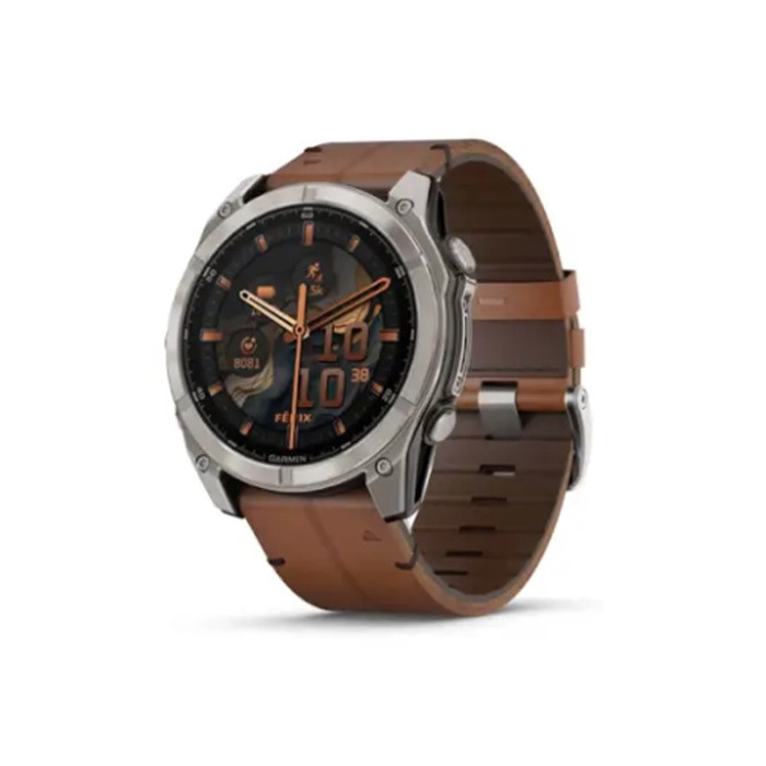 שעון ספורט חכם GARMIN fenix 8 51mm AMOLED Sapphire Bare Ti Blk/Chsnt Lthr EMEA